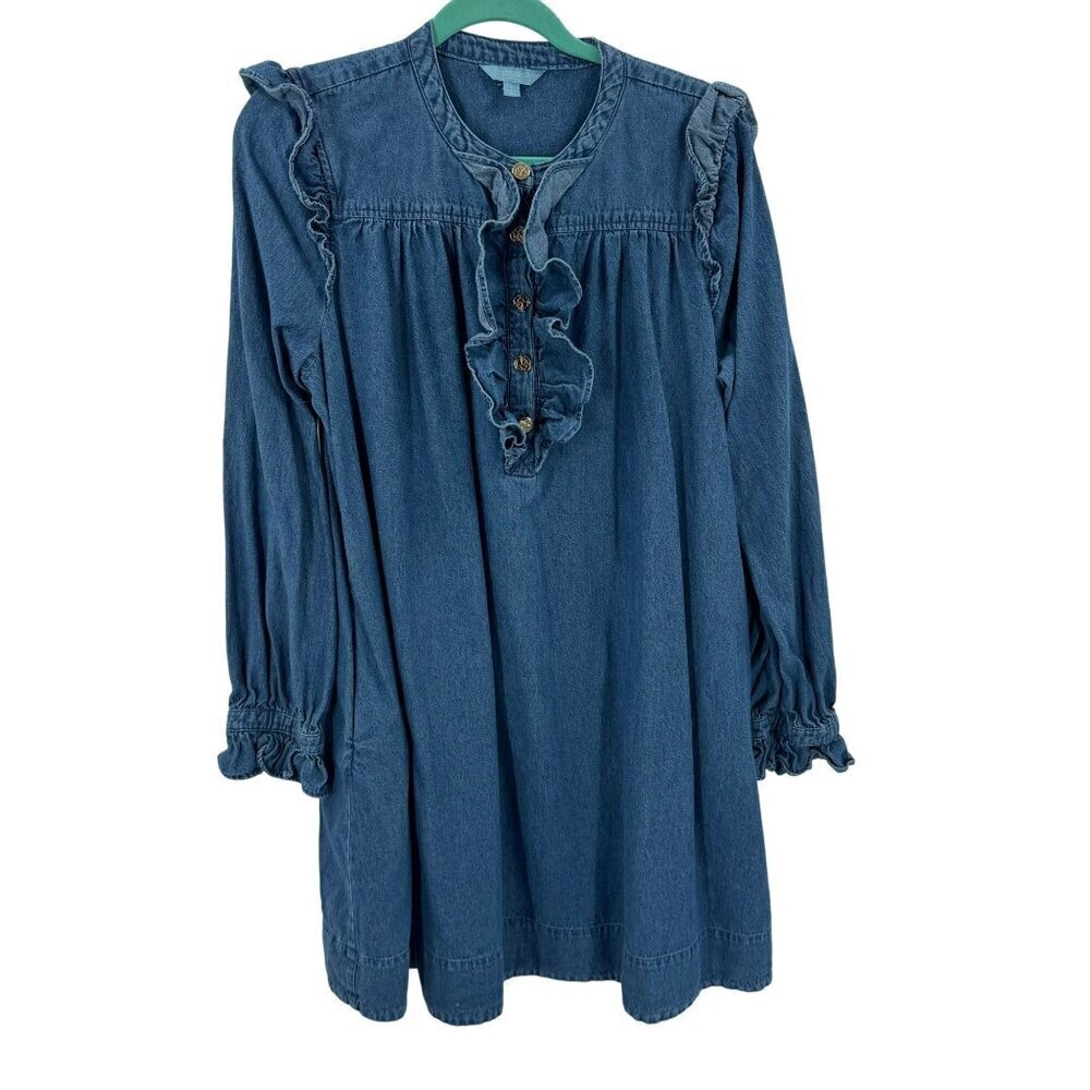 Draper James RSVP Womens Blue Denim Long-Sleeve Ruffle Button Dress L